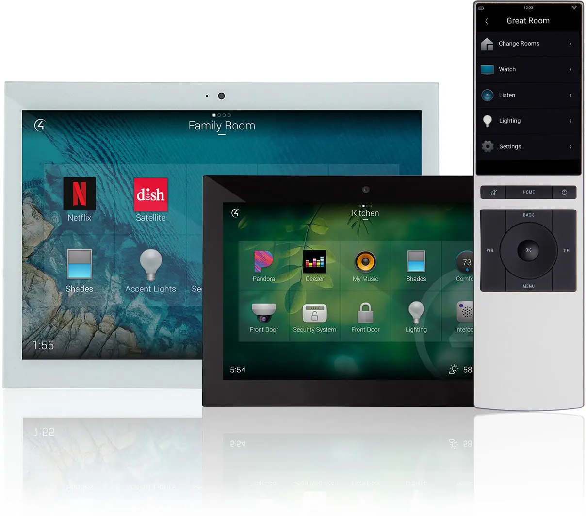 A smartphone, tablet, and smart speaker displayed together on a table, showcasing different smart device types.